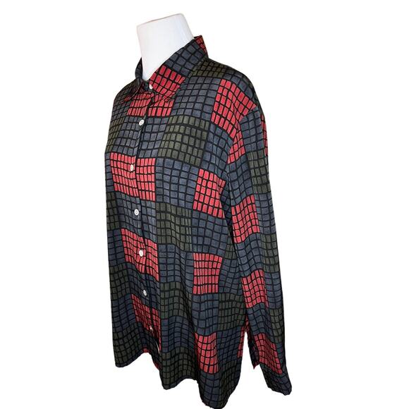 Notations‎ Ladies Button Front Long Sleeve Blouse Red Green Black RETRO Pattern - Picture 2 of 6